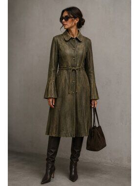 Knoles & Carter Women's Genuine Leather Belted Coat Jacket Khaki Olive Brown M